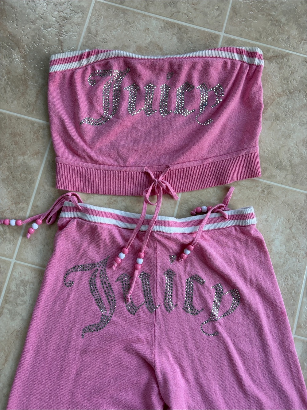Juicy Couture Pink Rhinestone Strapless Tube Top and Drawstring Pants Set